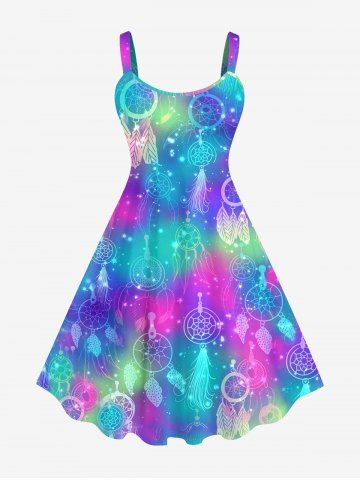 Plus Size Dreamcatcher Glitter Ombre Galaxy Print Backless A Line Tank Dress - MULTI-A - XS