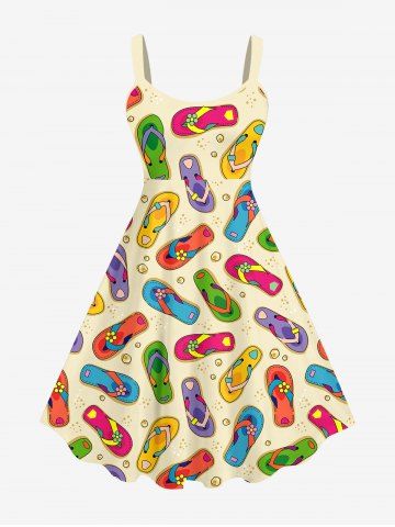 Plus Size Coloful Flip-Flops Stones Print Hawaii Tank Dress - YELLOW - XS