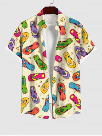 Plus Size Coloful Flip-Flops Stones Print Buttons Pocket Hawaii Shirt For Men - YELLOW - XL