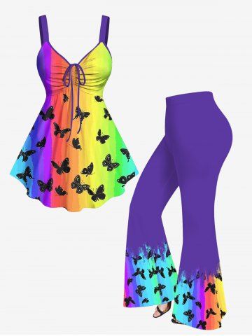 Ombre Rainbow Color Butterfly Print Cinched Tank Top and Flare Pants Plus Size Matching Set - MULTI-A
