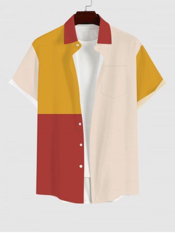 Plus Size Colorblock Print Pocket Button Shirt For Men - MULTI-A - S