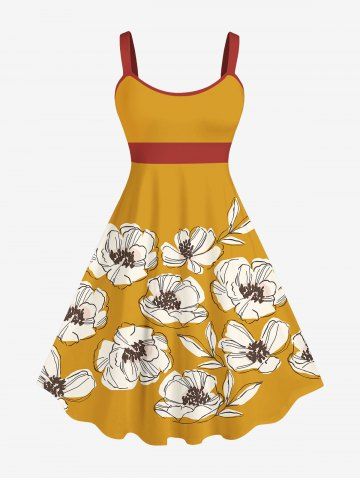 Plus Size Flower Colorblock Print Tank Dress - LIGHT ORANGE - XS