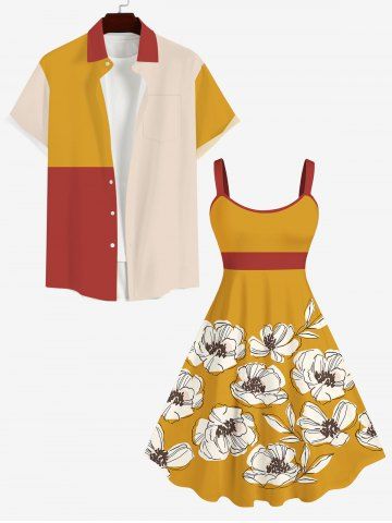 Flower Contrasting Colorblock Print Plus Size Matching Outfit For Couples
