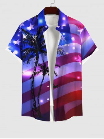 Plus Size Glitter Sparkling American Flag Coconut Tree Print Hawaii Button Pocket Shirt For Men