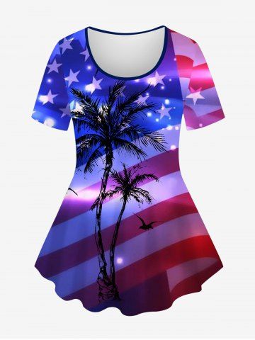 Plus Size Glitter Sparkling American Flag Coconut Tree Print Hawaii T-shirt - MULTI-A - L