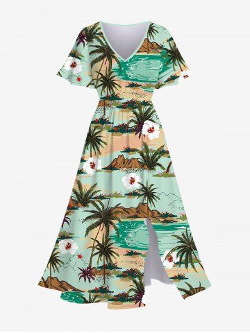 Plus Size Coconut Tree Sea Floral Mountain Print Hawaii Split Pocket A Line Dress - GREEN - XS