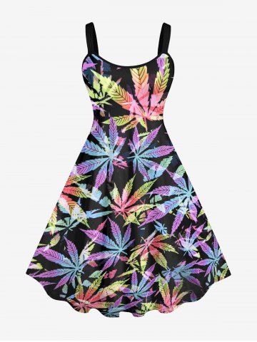Plus Size Colorful Maple Leaf Print Hawaii Tank Dress - BLACK - S
