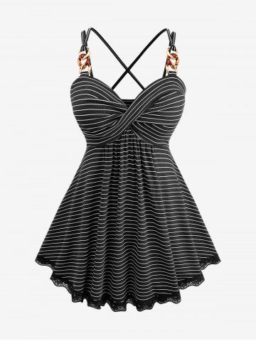 Plus Size Striped Twist Lace Trim Crisscross Strappy Backless Chain Cami Top - BLACK - M | US 10