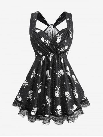 Plus Size Skulls Star Print Surplice Ruched Eyelash Lace Trim Tank Top - BLACK - M | US 10