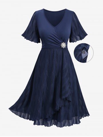 Plus Size Surplice Ruffles Ruched Lettuce Trim Pearl Pin Tulip Hem Pocket Jacquard Dress - DEEP BLUE - L | US 12