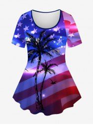 Plus Size Glitter Sparkling American Flag Coconut Tree Print Hawaii T-shirt -  