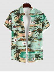Plus Size Coconut Tree Sea Floral Mountain Print Hawaii Button Pocket Shirt For Men -  