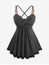 Plus Size Striped Twist Lace Trim Crisscross Strappy Backless Chain Cami Top -  