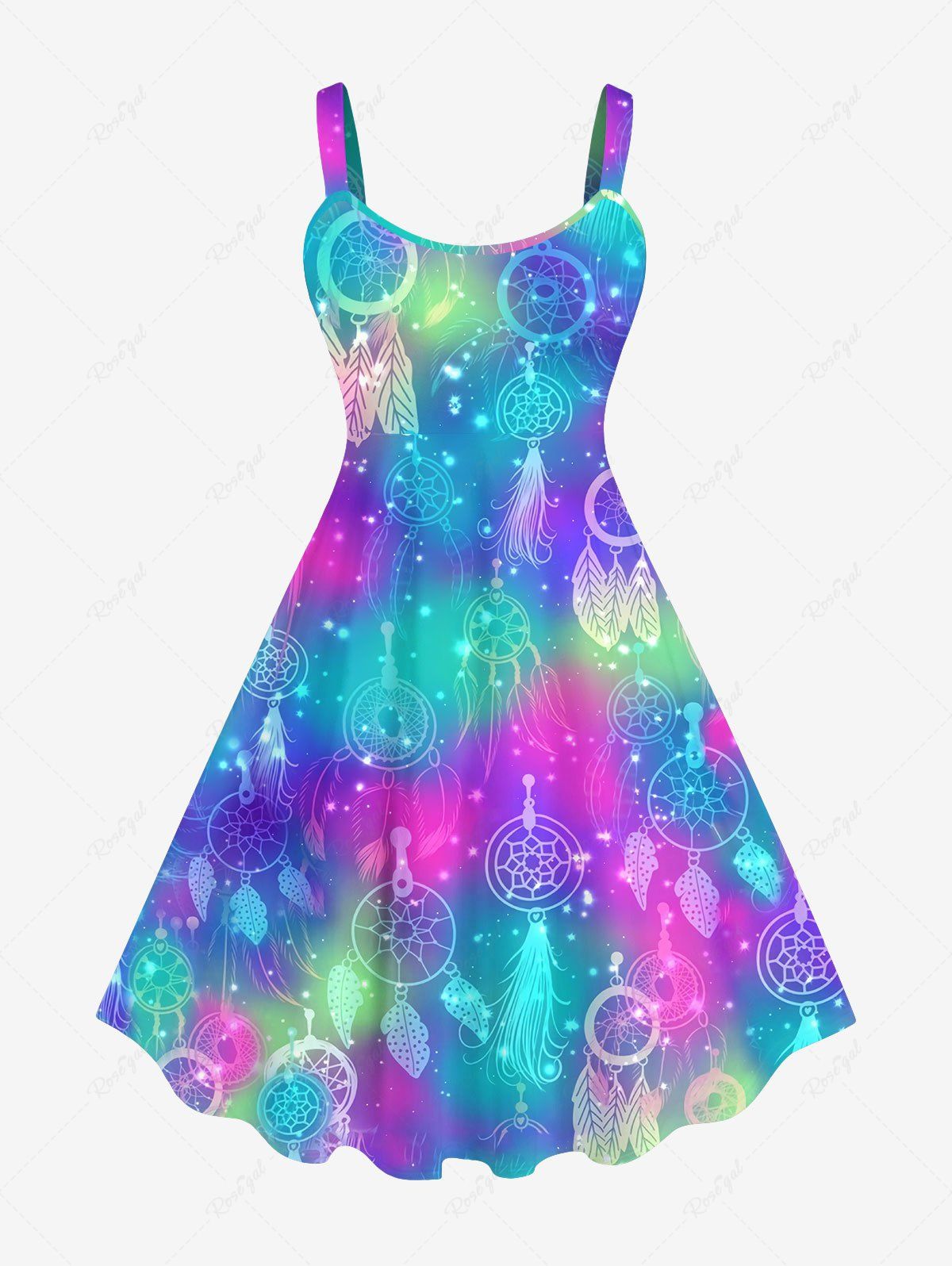 Discount Plus Size Dreamcatcher Glitter Ombre Galaxy Print Backless A Line Tank Dress  