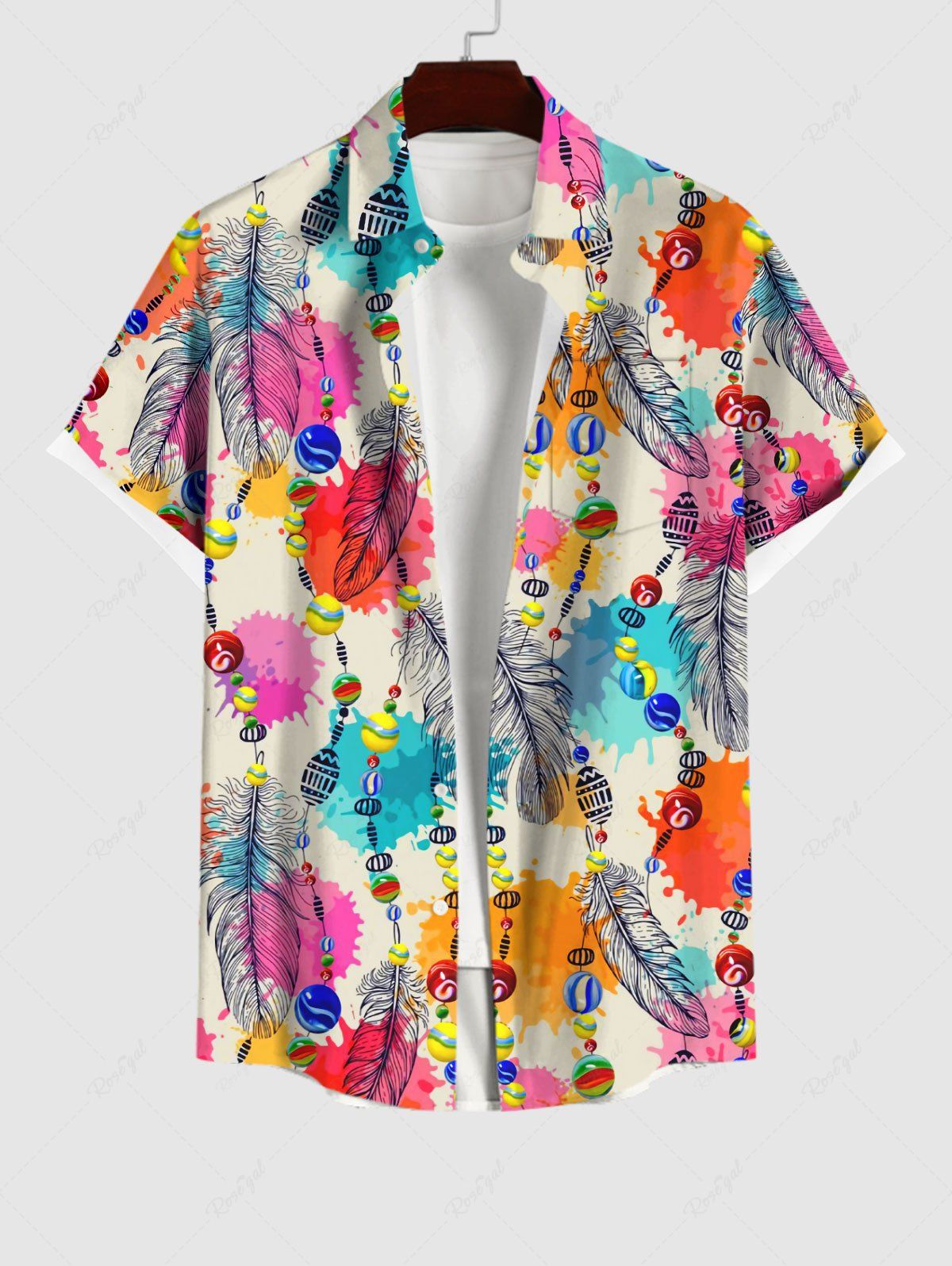 Chemise Décontractée Ethnique Peinture Plume et Perle Imprimés de Grande Taille avec Poche Multi-A L