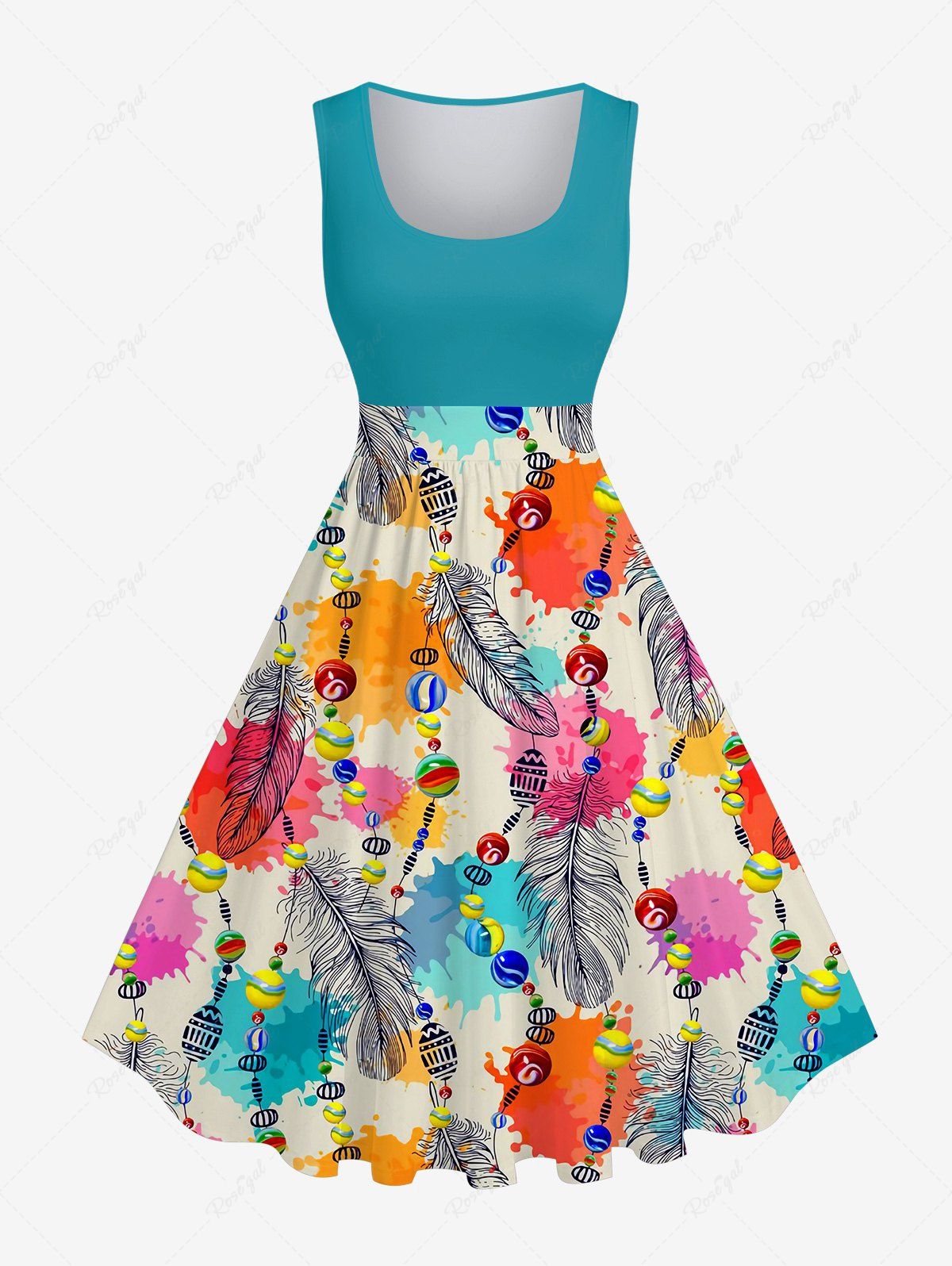 Fashion Plus Size Feather Ethnic Beading Tassel Paint Print 1950s Vintage A Line Swing Dress  
