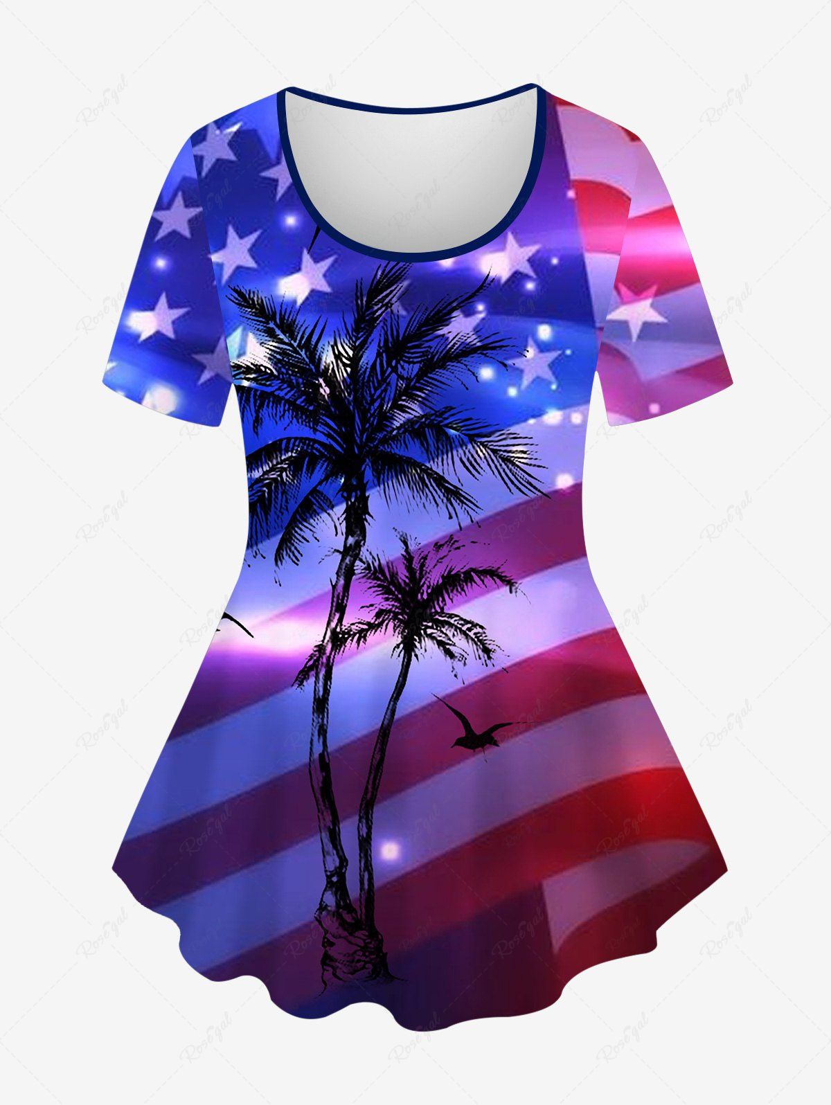 Shops Plus Size Glitter Sparkling American Flag Coconut Tree Print Hawaii T-shirt  