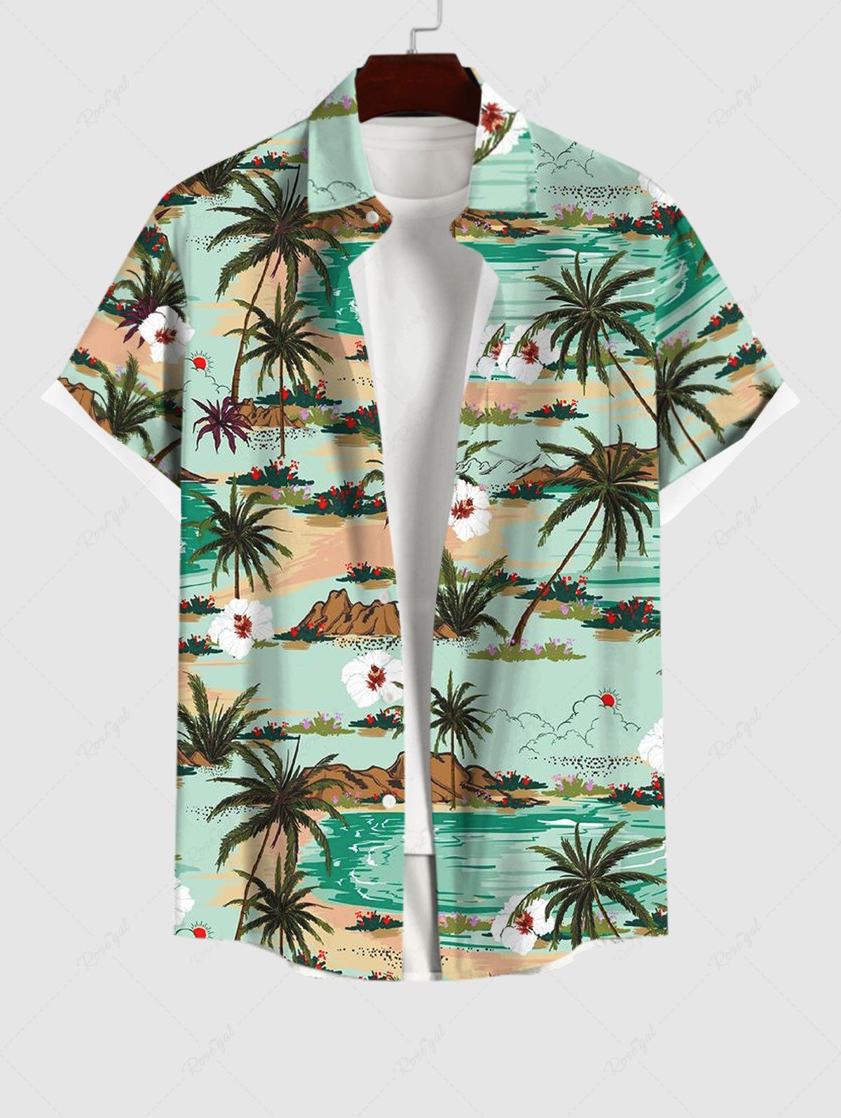 Online Plus Size Coconut Tree Sea Floral Mountain Print Hawaii Button Pocket Shirt For Men  