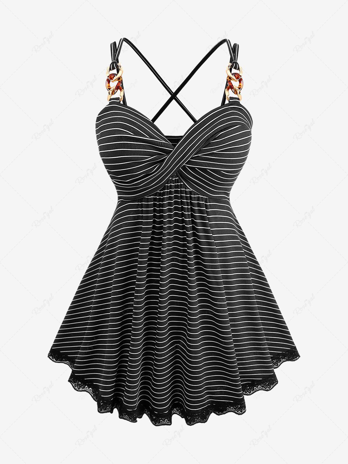 Latest Plus Size Striped Twist Lace Trim Crisscross Strappy Backless Chain Cami Top  