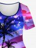 Plus Size Glitter Sparkling American Flag Coconut Tree Print Hawaii T-shirt -  