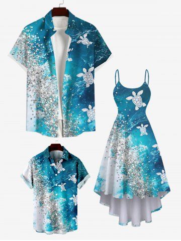 Turtle Sandstone Ombre Sea Waves Print Plus Size Matching Hawaii Sea Creatures Beach Outfit For Family - LIGHT BLUE