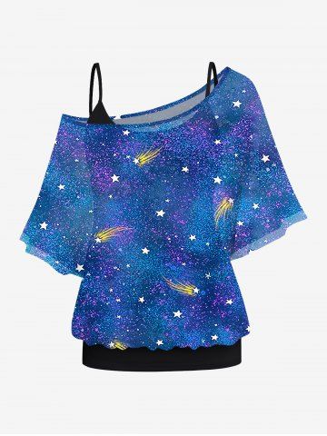 Plus Size Solid Cami Top and Meteor Stars Galaxy Print Skew Neck Batwing Sleeves T-shirt Set - BLUE - XS