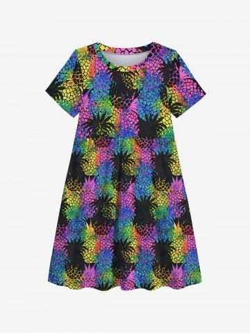 Kid's Colorful Pineapple Colorblock Print Hawaii Dress - BLACK - 100