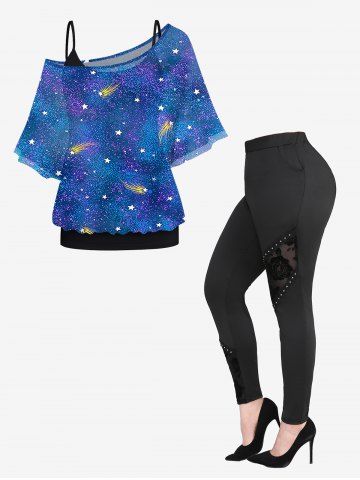 Meteor Stars Galaxy Print T-shirt Set and Rose Flower Flocking Mesh Patchwork Rivet Pockets Leggings Plus Size Outfit - BLUE