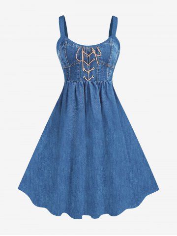 Plus Size Lace Up Grommets Denim 3D Print Tank Dress - BLUE GRAY - M