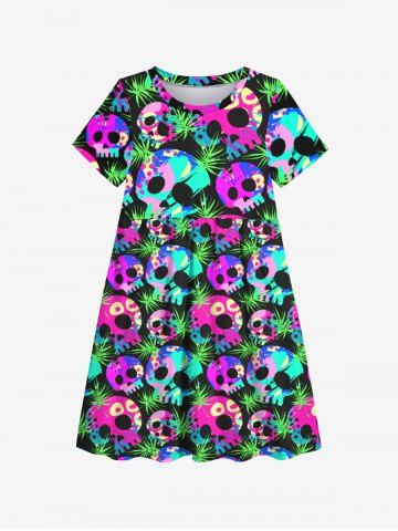 Kid's Colorful Skulls Palm Leaf Print Dress - BLACK - 100