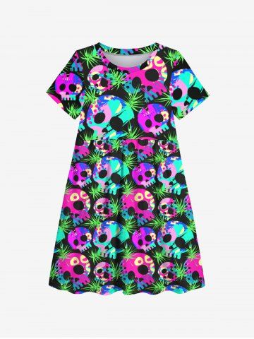 Kid's Colorful Skulls Palm Leaf Print Dress