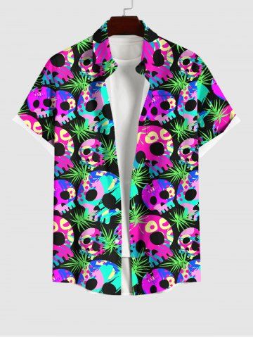 Plus Size Colorful Skulls Palm Leaf Print Hawaii Shirt For Men - BLACK - XL