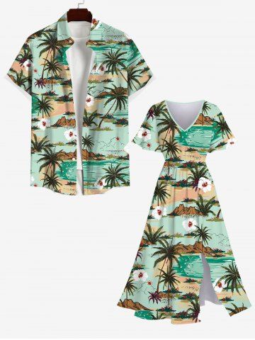 Coconut Tree Sea Floral Mountain Print Plus Size Matching Hawaii Beach Outfit For Couples - GREEN