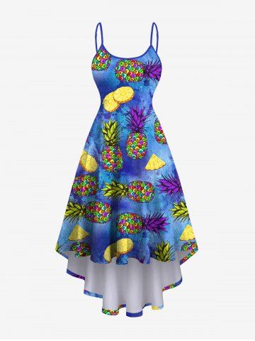 Plus Size Colorful Pineapple Ombre Paint Splatter Print High Low Hawaii Dress - SKY BLUE - 3X