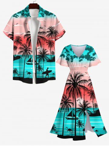 Coconut Tree Sea Beach Ombre Sky Sun Print Plus Size Matching Hawaii Beach Outfit For Couples - BLUE