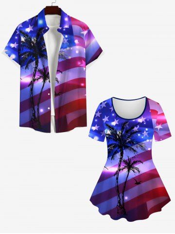 Glitter Sparkling American Flag Coconut Tree Print Plus Size Matching Set For Couples - MULTI-A