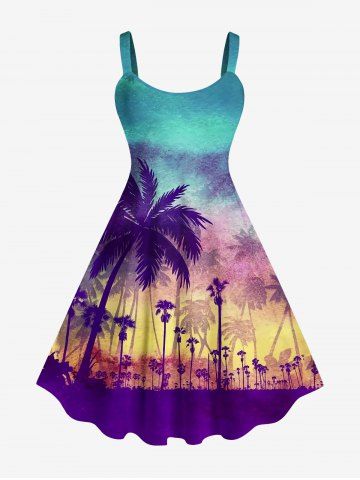 Plus Size Coconut Tree Ombre Colorblock Print Hawaii Tank Dress - MULTI-A - S