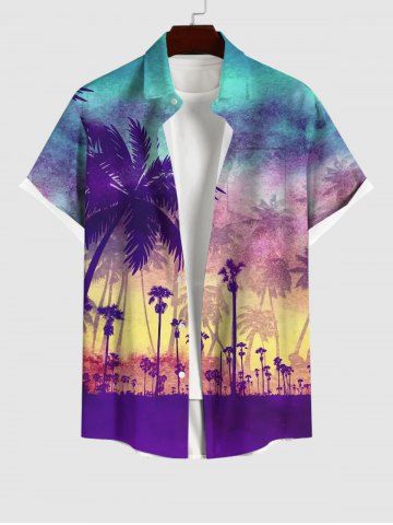 Plus Size Coconut Tree Ombre Colorblock Print Pocket Buttons Hawaii Shirt For Men