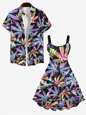 Colorful Maple Leaf Print Plus Size Matching Hawaii Beach Outfit For Couples - BLACK