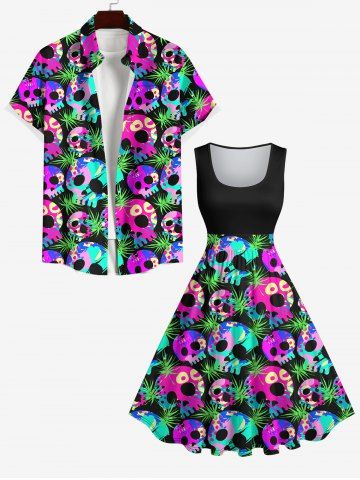 Colorful Skulls Palm Leaf Print Plus Size Matching Hawaii Beach Outfit For Couples - BLACK