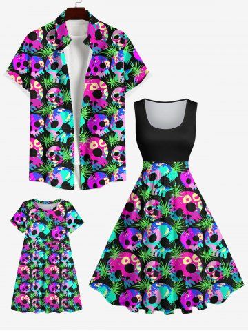 Colorful Skulls Palm Leaf Print Plus Size Matching Hawaii Beach Outfit For Family - BLACK