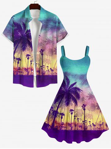 Coconut Tree Ombre Colorblock Print Plus Size Matching Hawaii Beach Outfit For Couples
