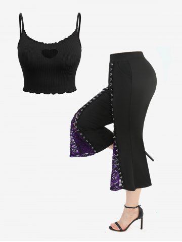 Heart Hollow Out Textured Backless Solid Cami Top and Floral Lace Patchwork Buckles Pockets Flare Pants Plus Size Summer Outfit - BLACK