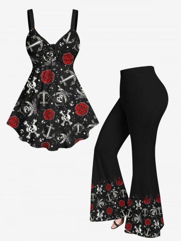 Skulls Rose Flower Anchor Print Cinched Tank Top and Flare Pants Plus Size Matching Set - BLACK