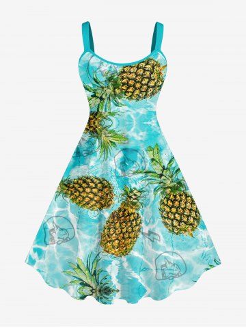 Plus Size Pineapple Skull Lightning Print Hawaii Tank Dress - LIGHT GREEN - XS