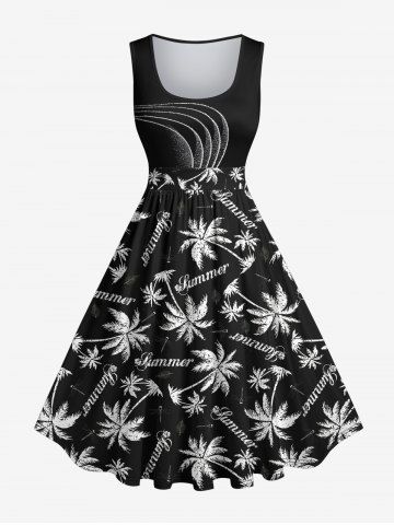 Plus Size Coconut Tree Geometric Lines Summer Print Hawaii 1950s Vintage Dress - BLACK - XS