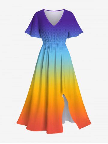 Plus Size Ombre Colorblock Print Split Dress - MULTI-A - S