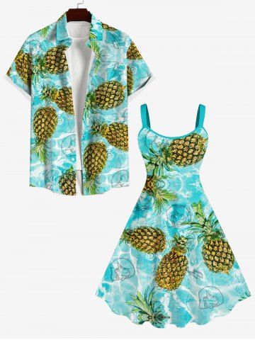 Pineapple Skull Lightning Print Plus Size Matching Hawaii Beach Outfit For Couples - LIGHT GREEN