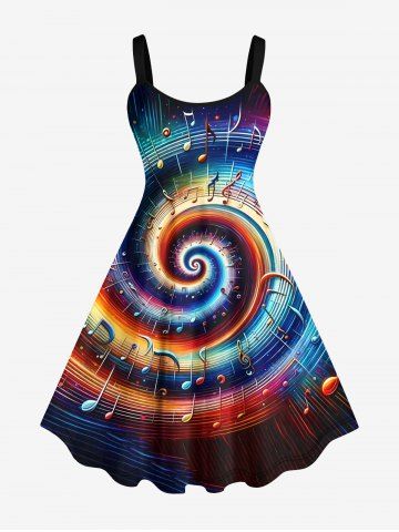 Plus Size Colorful Swirls Music Notes Print Tank Dress - BLACK - 3X