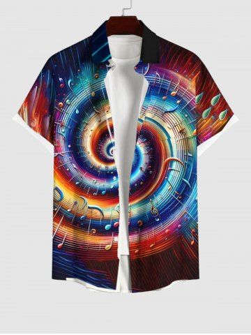 Plus Size Colorful Swirls Music Notes Print Buttons Pocket Shirt For Men - BLACK - S